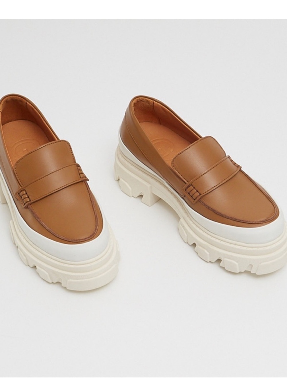 Ganni Tan Leather Chunky-Sole Penny Loafers with Cream Platform size 6,5